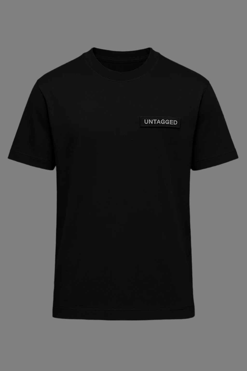 Black t-shirt with 'UNTAGGED' logo on a black background