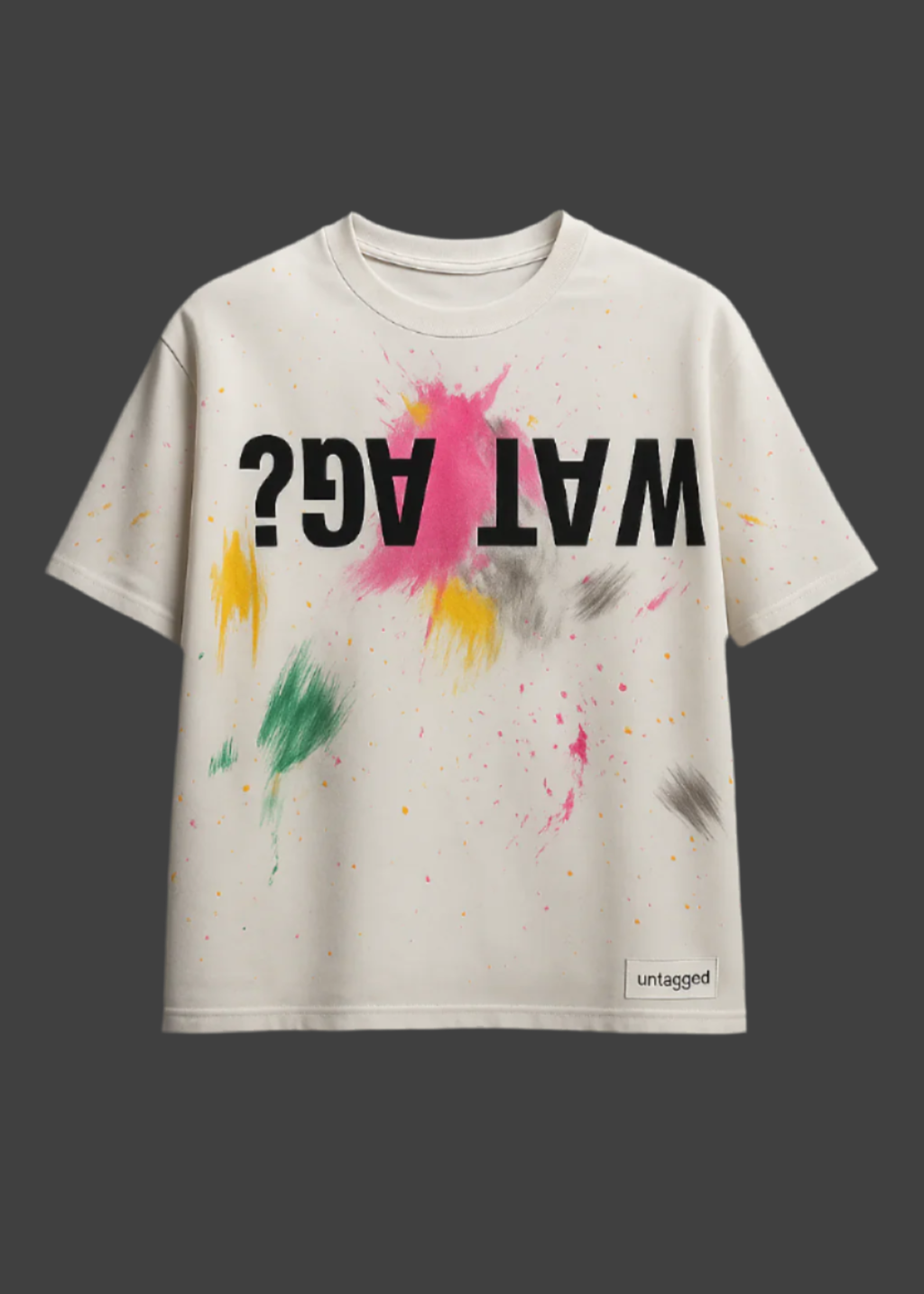 T-shirt with colorful splashes and 'WAT AG?' text on a dark background
