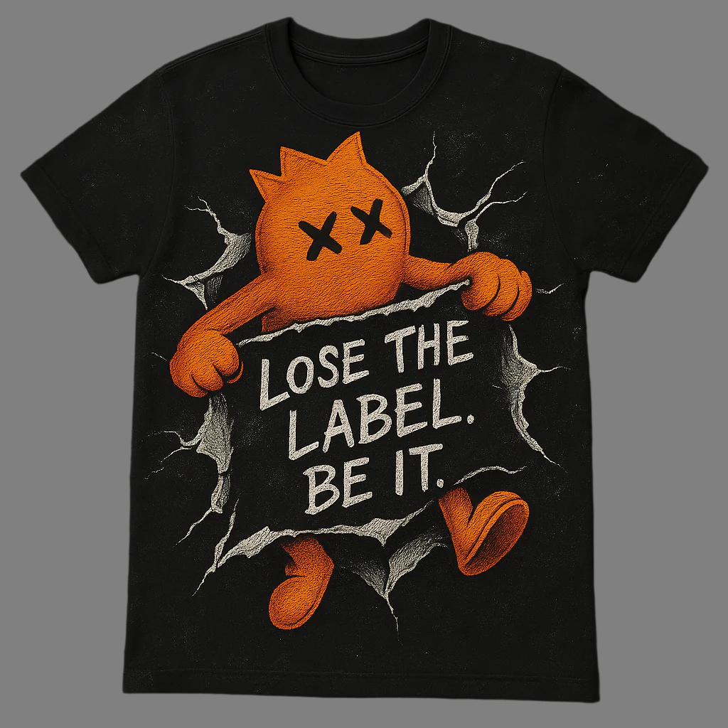 Black t-shirt with an orange character holding a sign saying 'Lose the Label. Be It.'