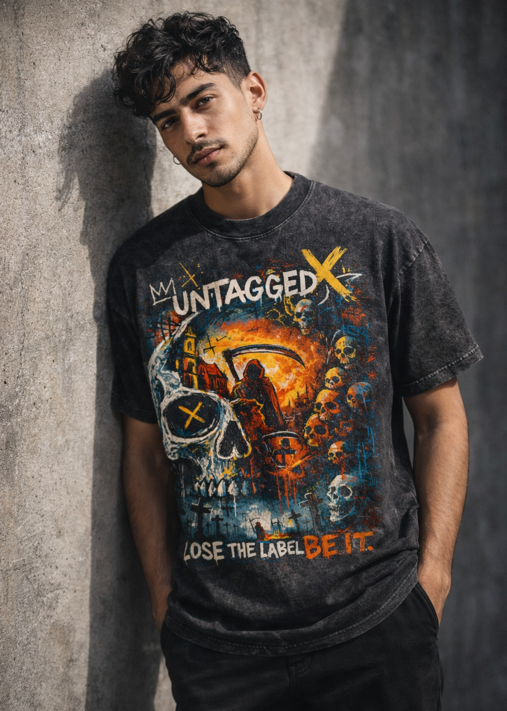 Person wearing a black graphic t-shirt with colorful design and text against a textured wall.
