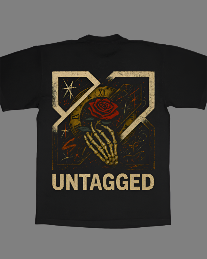 Black t-shirt with a graphic design and 'UNTAGGED' text on a white background