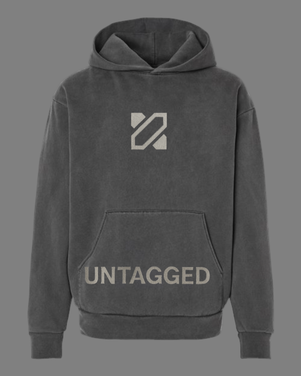 Gray hoodie with a logo and 'UNTAGGED' text on a white background