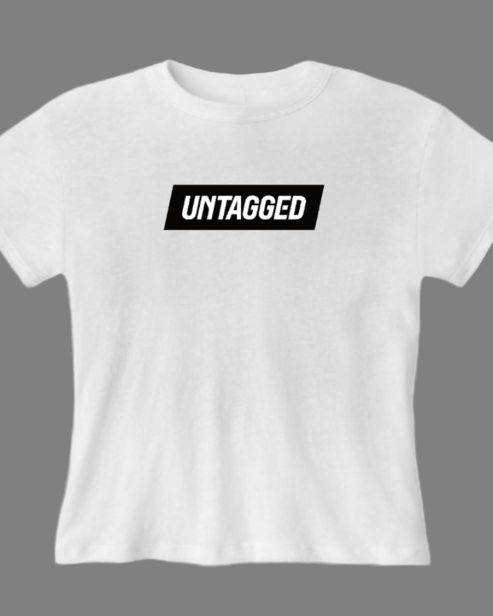 White t-shirt with 'UNTAGGED' text on a gray background