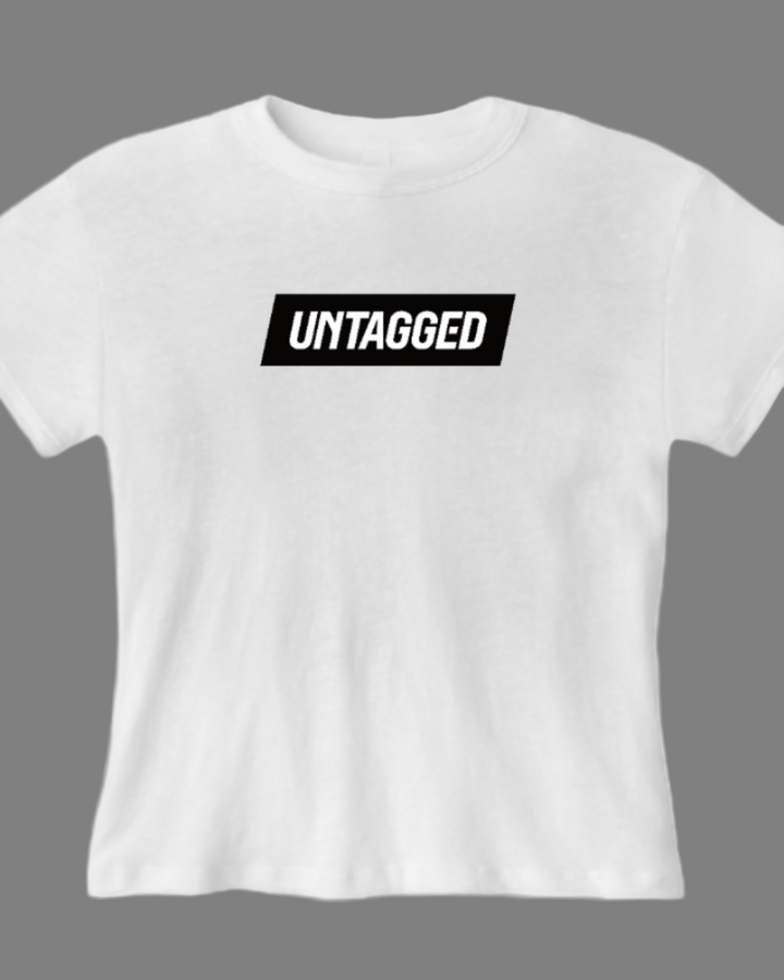 White t-shirt with 'UNTAGGED' text on a gray background
