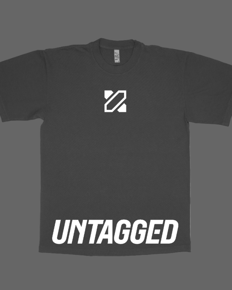 Black t-shirt with 'UNTAGGED' text and logo on a white background