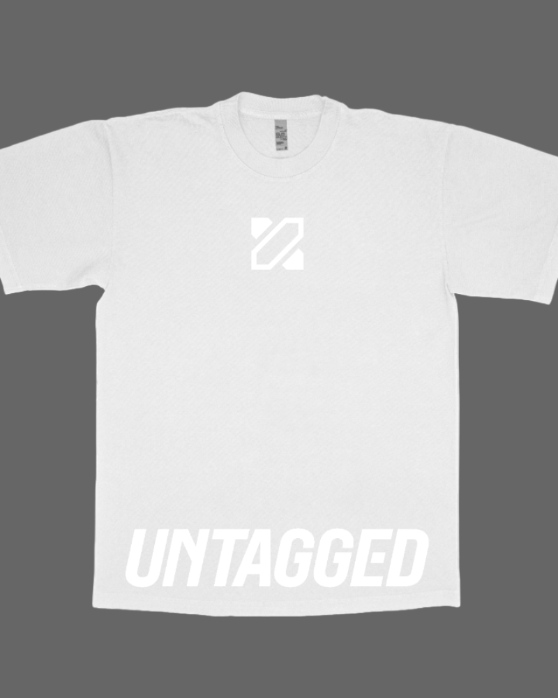 White t-shirt with 'Untagged' text on a dark gray background