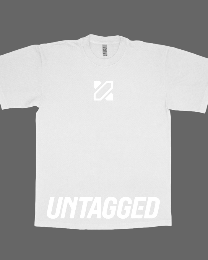 White t-shirt with 'Untagged' text on a dark gray background