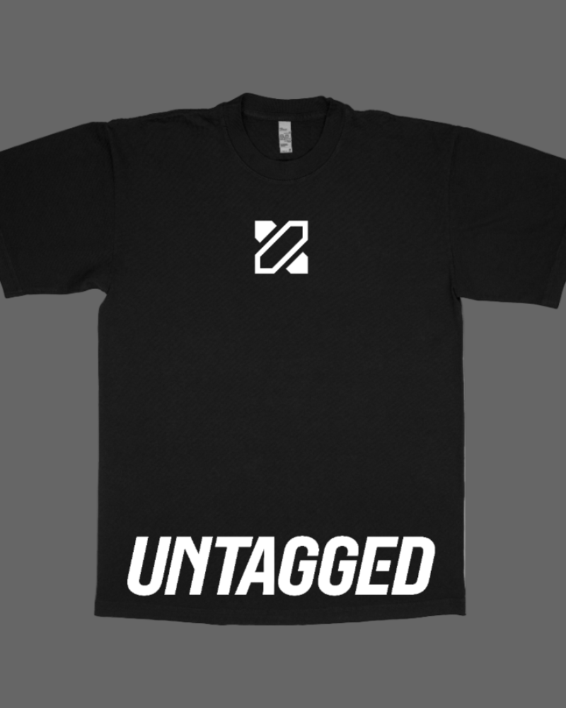 Black t-shirt with a white logo and 'UNTAGGED' text on a gray background