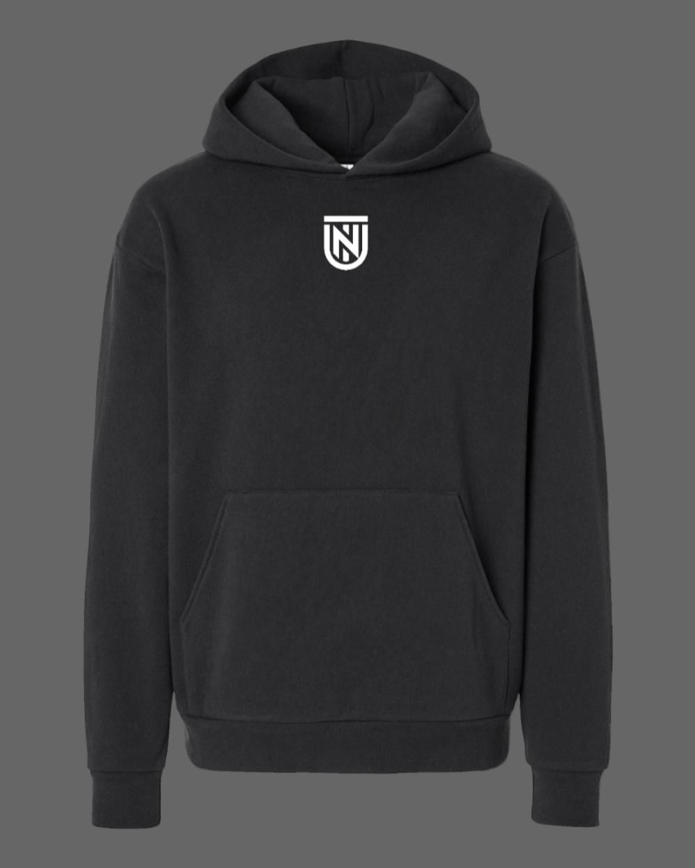 Black hoodie with a logo on the chest against a white background