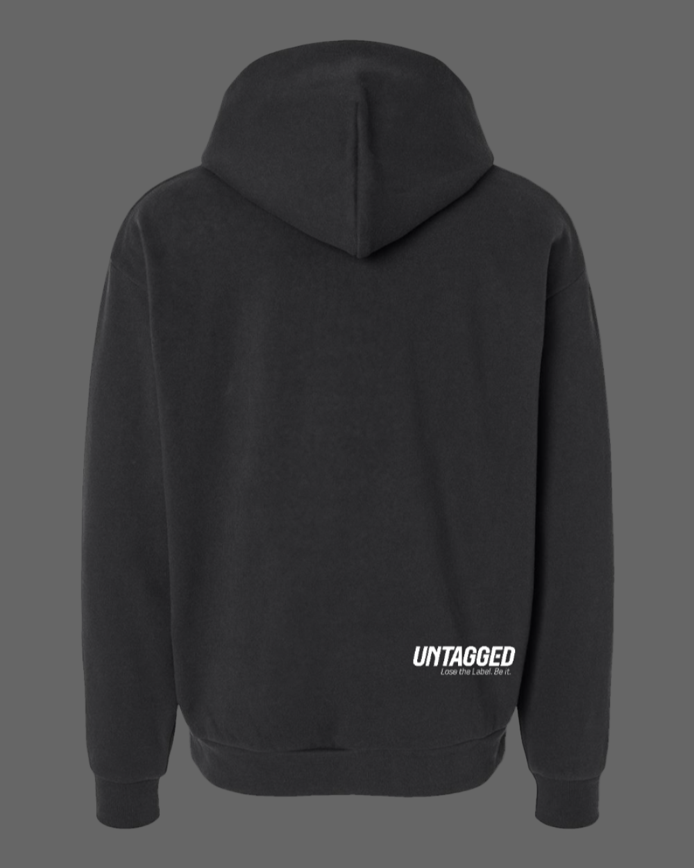 Black hoodie with 'UNTAGGED' logo on the back against a white background