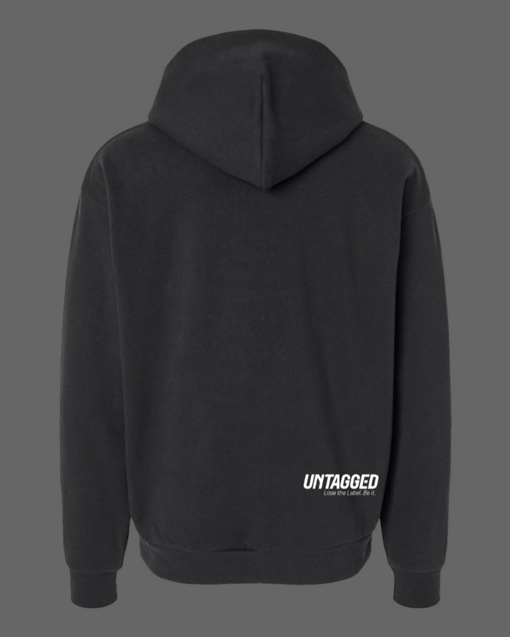 Black hoodie with 'UNTAGGED' logo on the back against a white background
