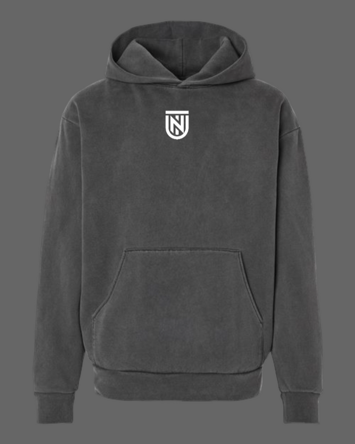 Gray hoodie with a logo on the chest against a white background