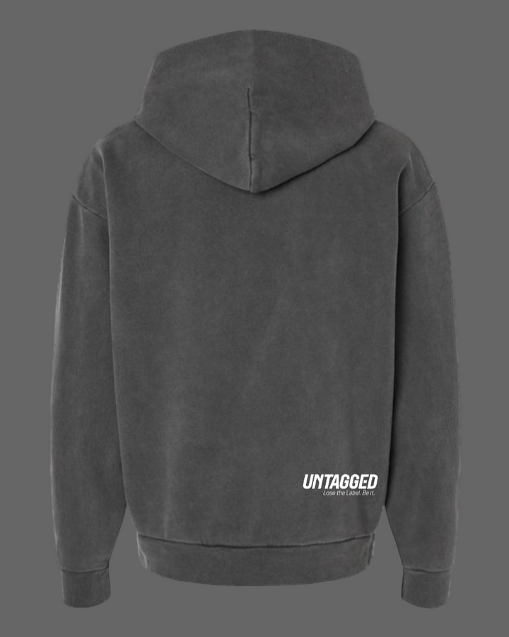 Gray hoodie with 'UNTAGGED' logo on the back against a white background