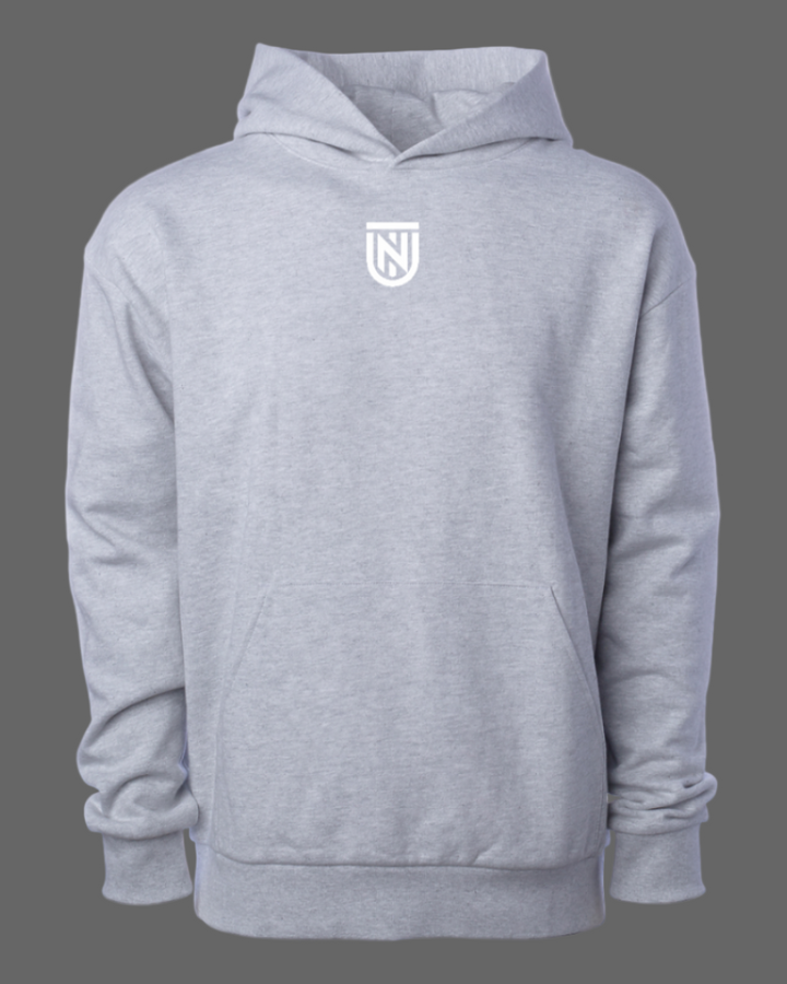 Gray hoodie with a logo on the chest against a white background