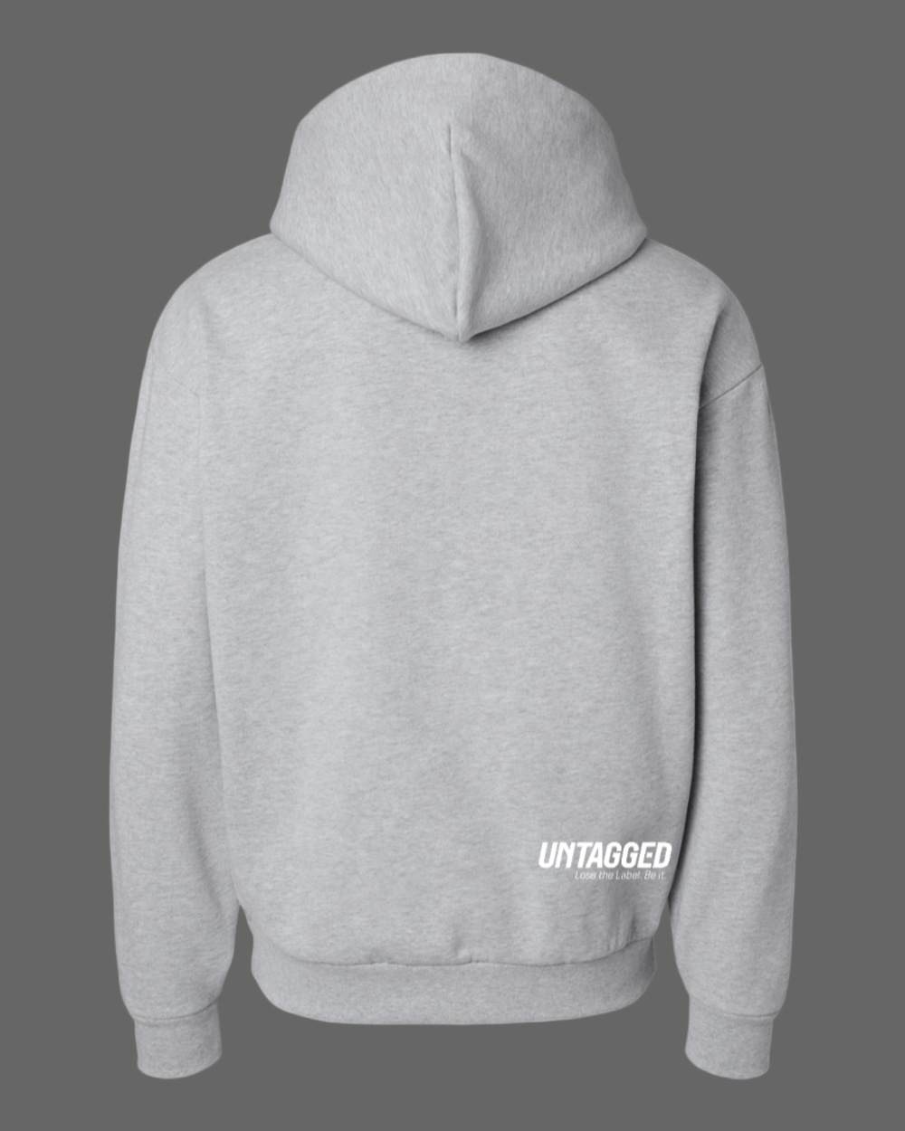 Gray hoodie with 'UNTAGGED' text on the back against a white background