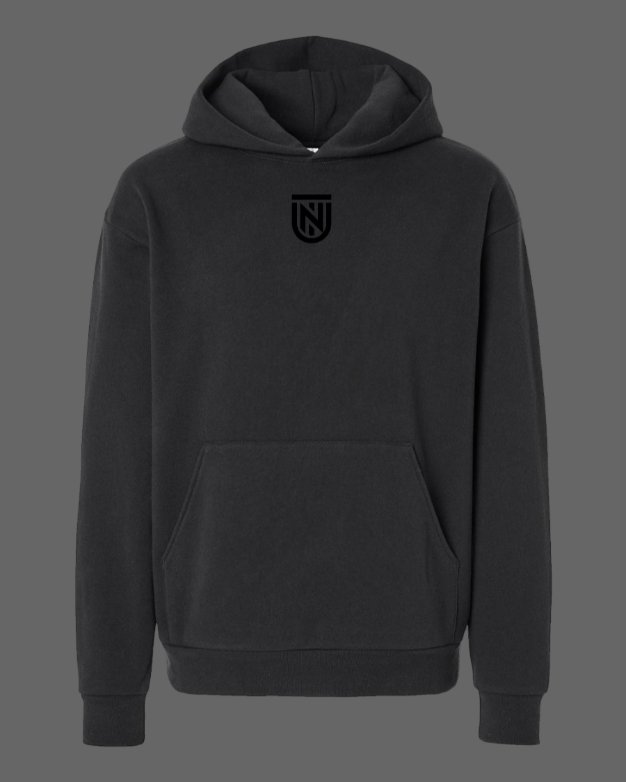 Black hoodie with a logo on the chest against a white background