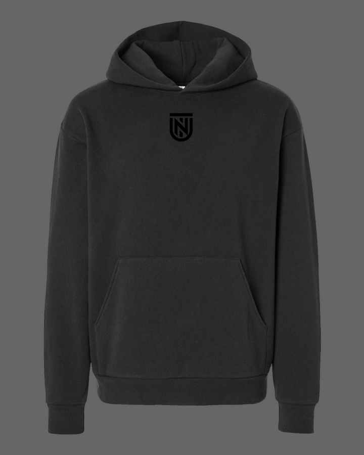 Black hoodie with a logo on the chest against a white background