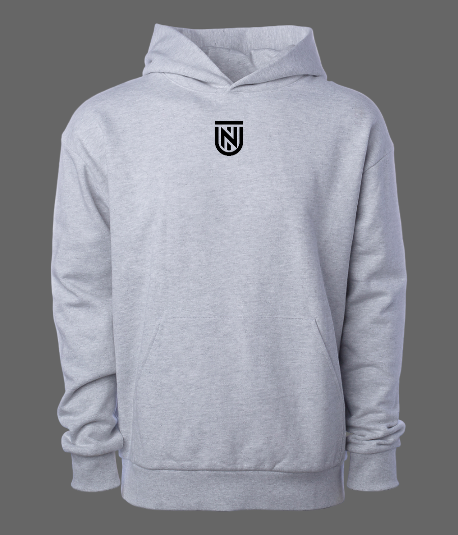 Gray hoodie with a black logo on a white background
