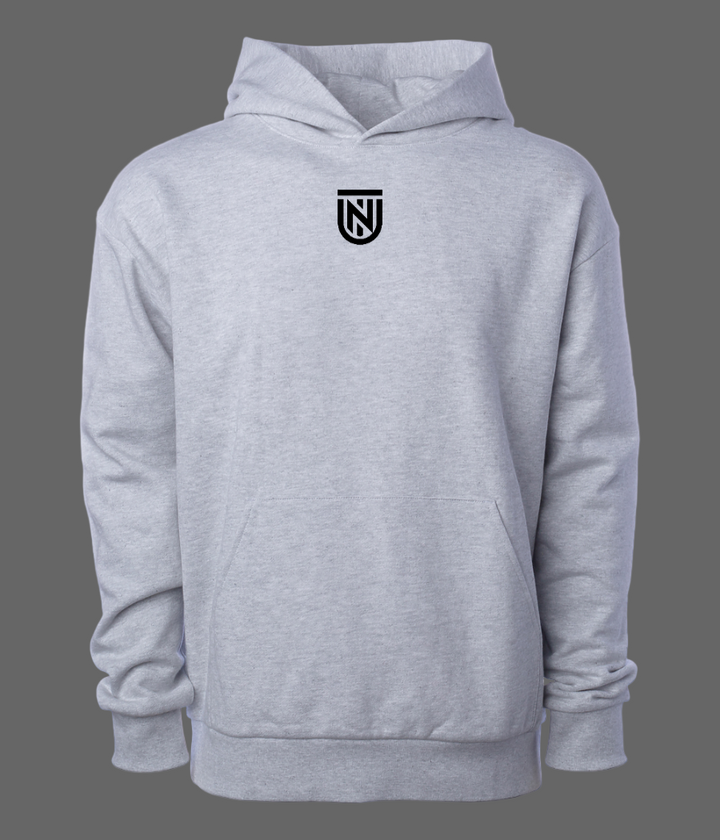 Gray hoodie with a black logo on a white background