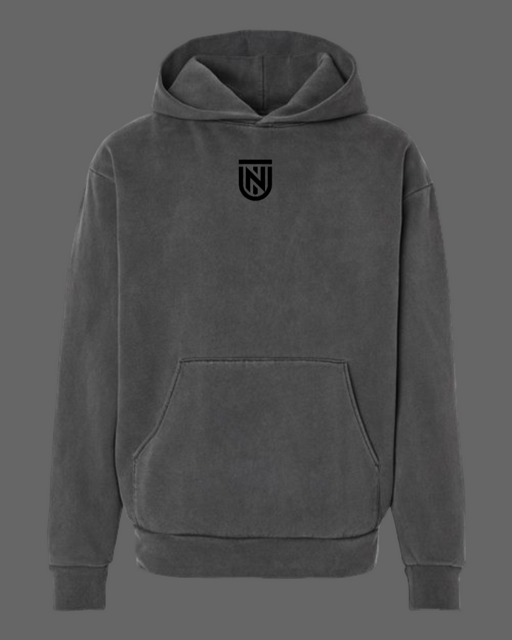 Gray hoodie with a logo on the chest against a white background