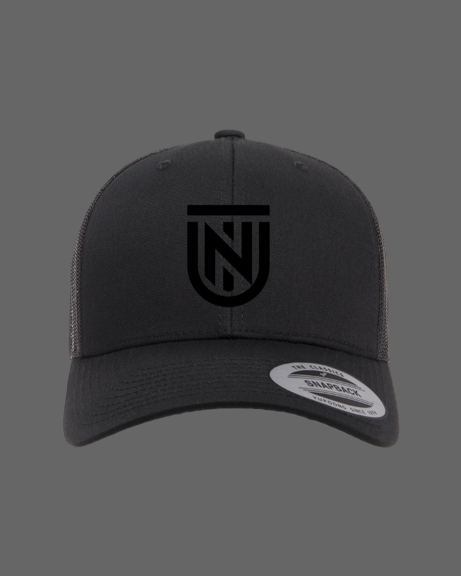 Black cap with a logo on a white background