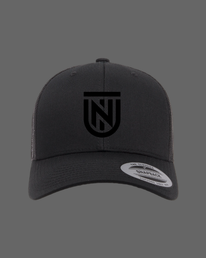 Black cap with a logo on a white background