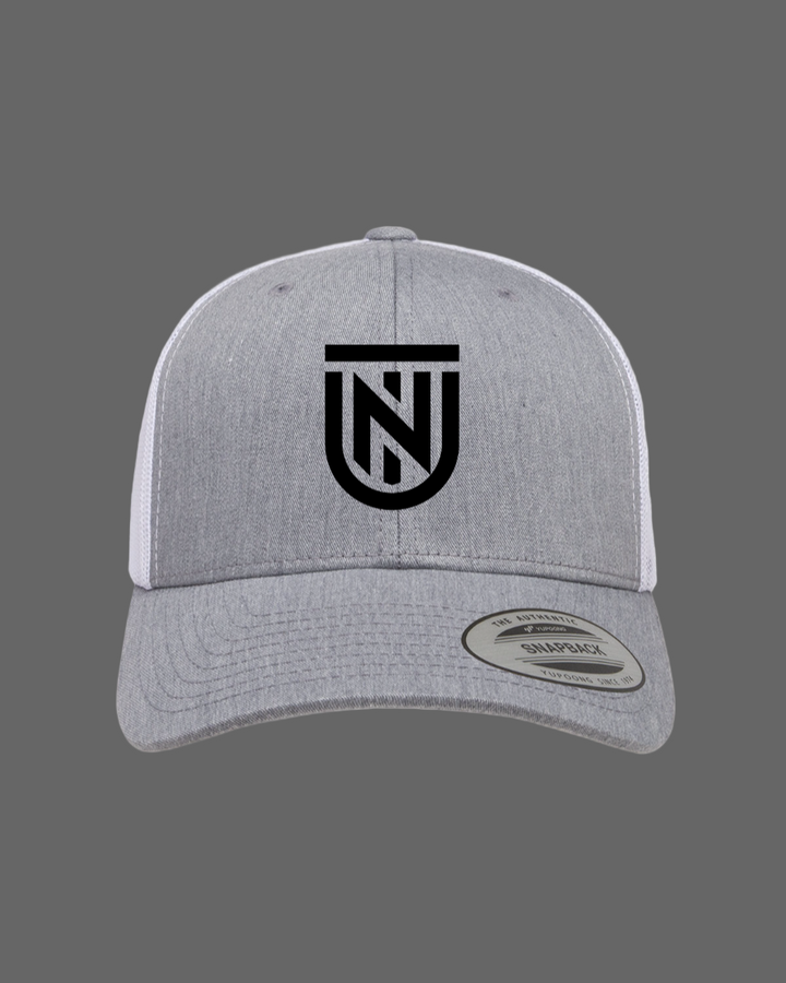 Gray cap with a black logo on a white background