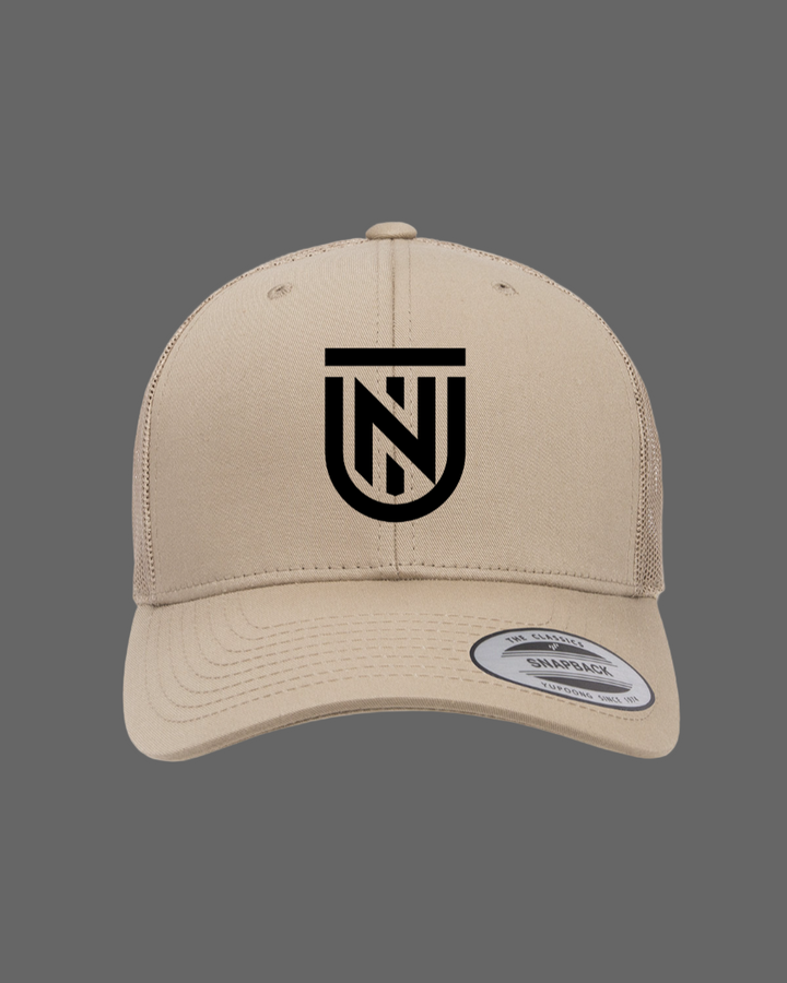 Beige cap with a black logo on a white background