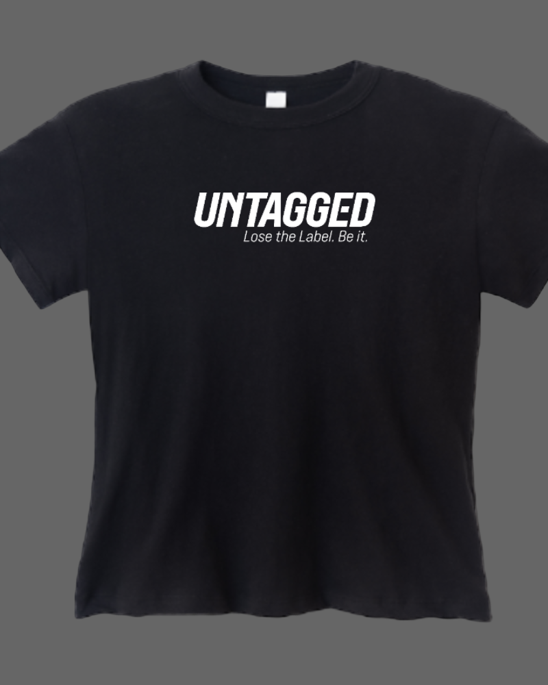 Black t-shirt with 'UNTAGGED' text on a white background