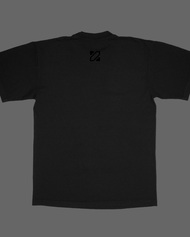 Black t-shirt with a small logo on the chest against a white background