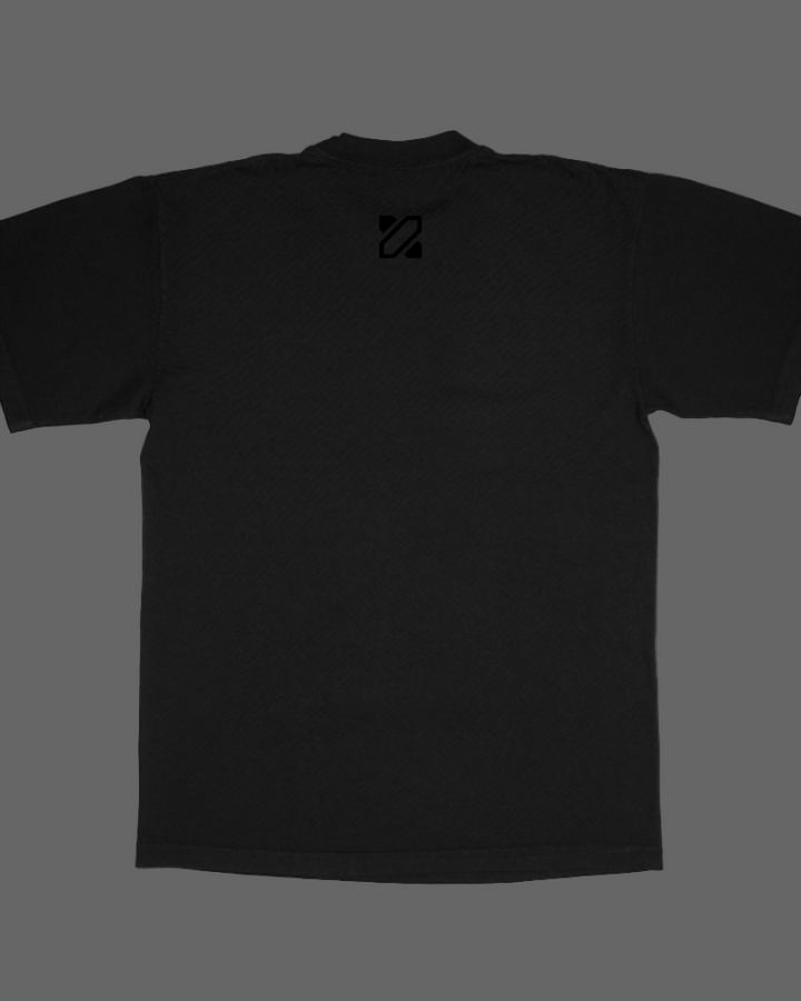 Black t-shirt with a small logo on the chest against a white background