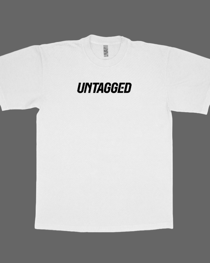White t-shirt with 'UNTAGGED' text on a white background