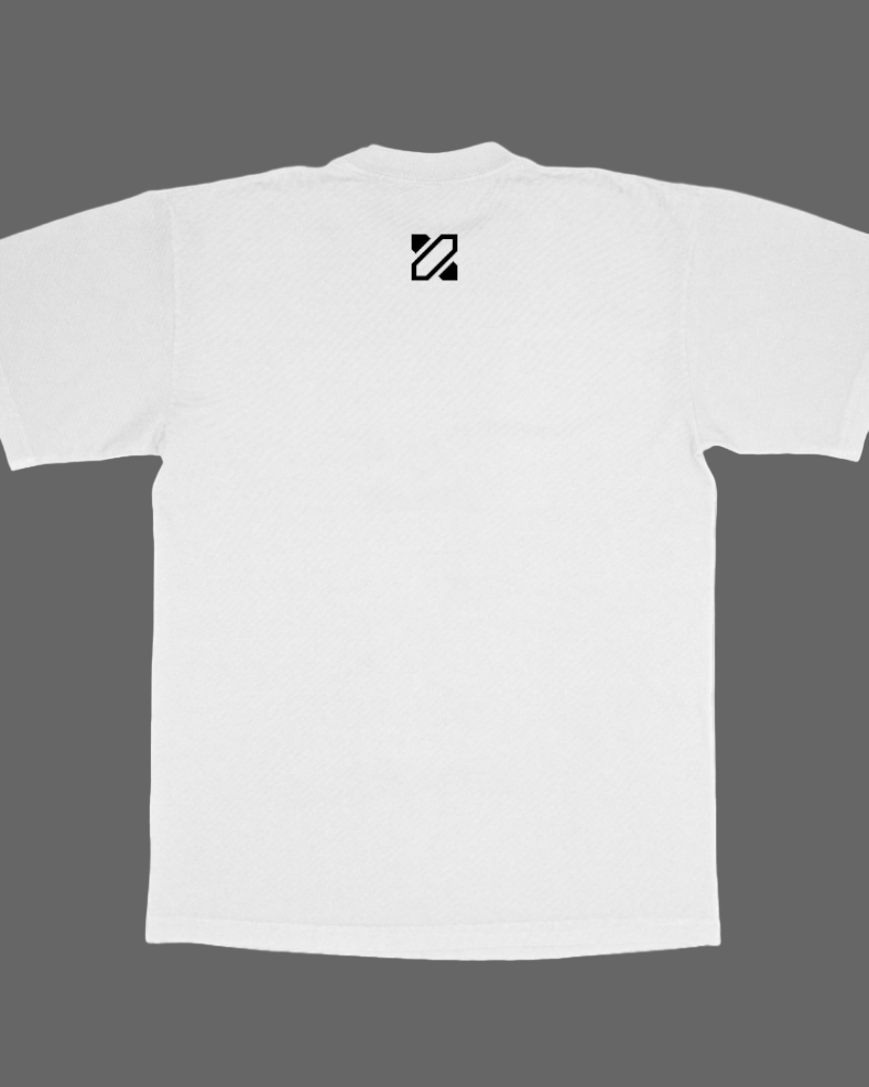 White t-shirt with a black logo on the chest against a white background