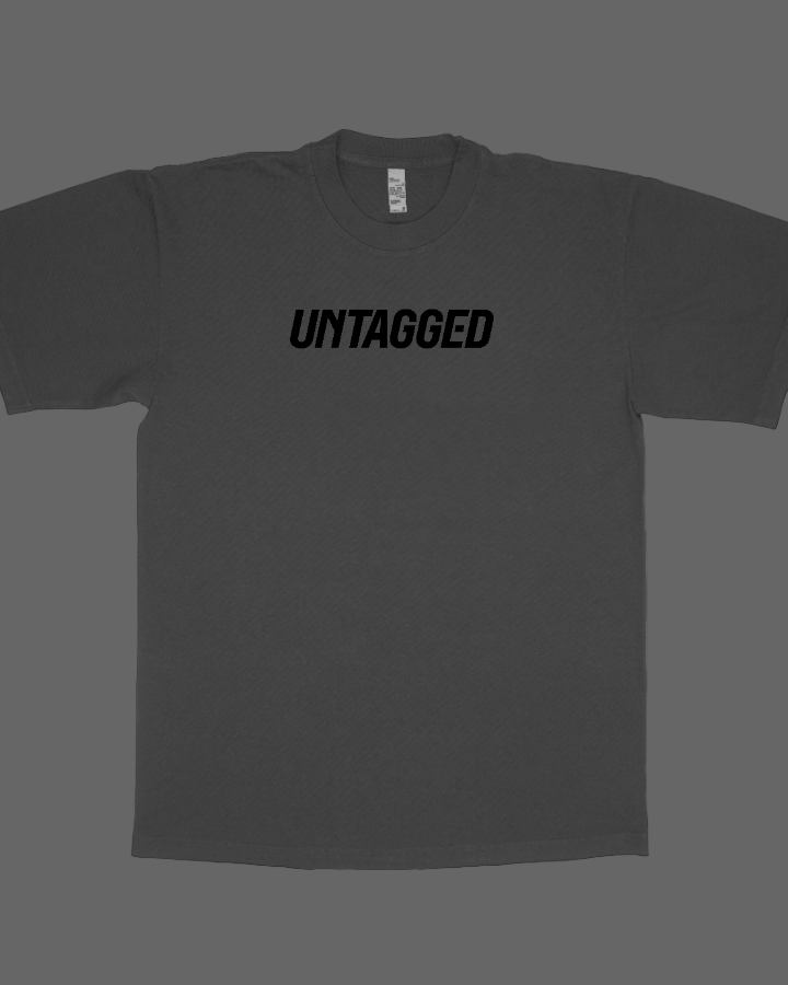Black t-shirt with 'UNTAGGED' text on a white background