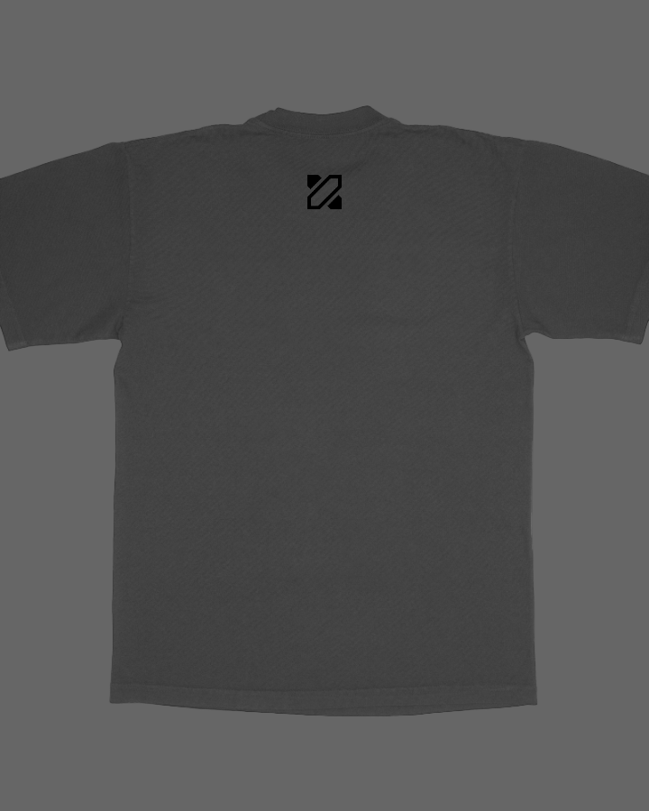 Black t-shirt with a small logo on the chest against a white background