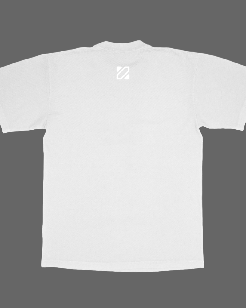 White t-shirt with a small logo on the chest against a white background