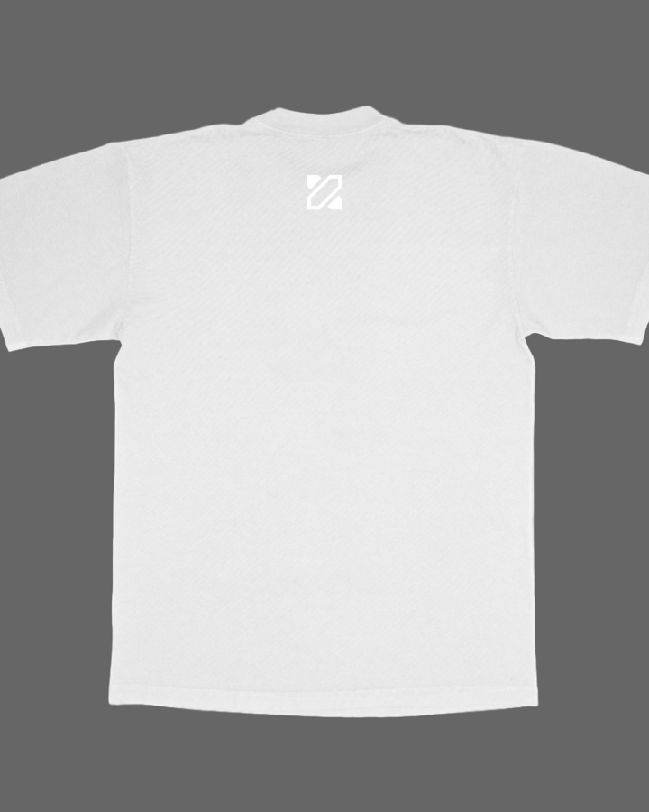 White t-shirt with a small logo on the chest against a white background