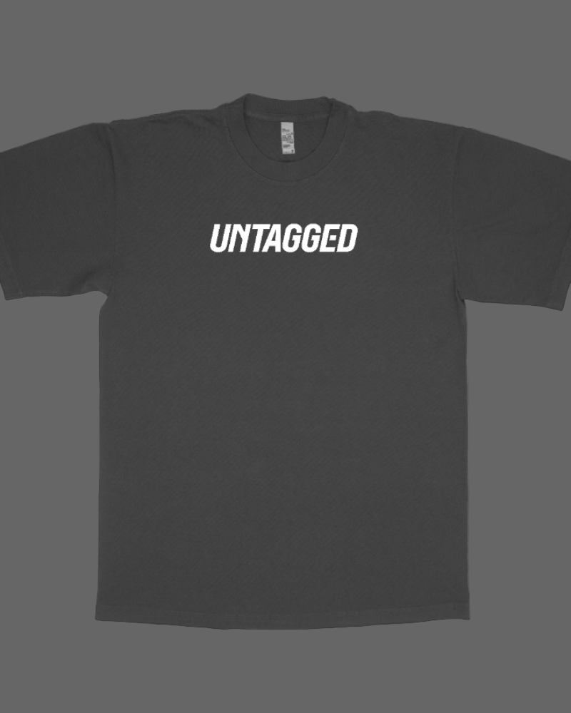 Black t-shirt with 'UNTAGGED' text on a white background