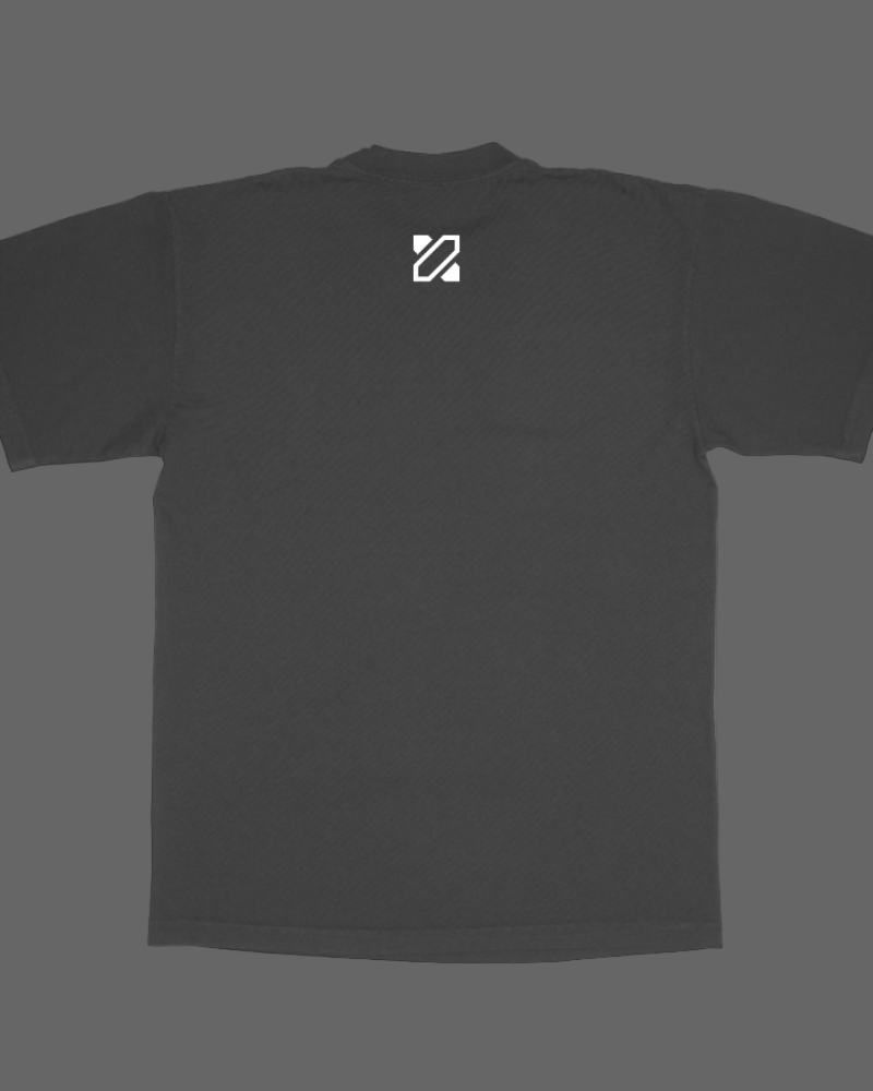 Black t-shirt with a white logo on the chest against a white background