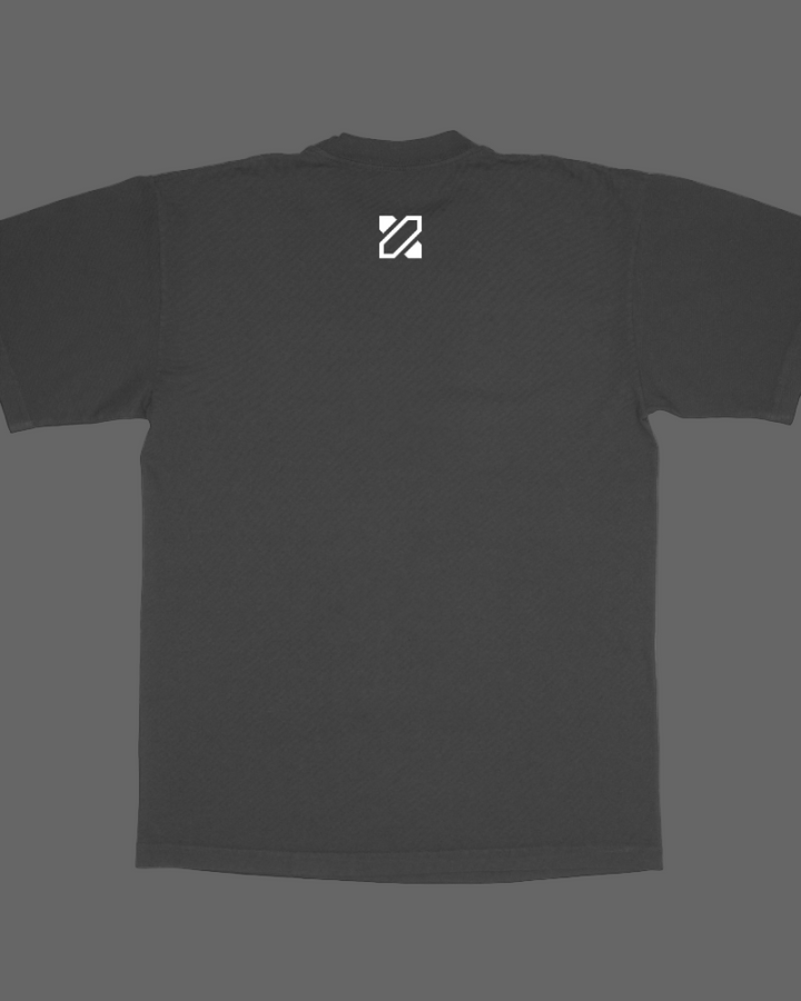 Black t-shirt with a white logo on the chest against a white background