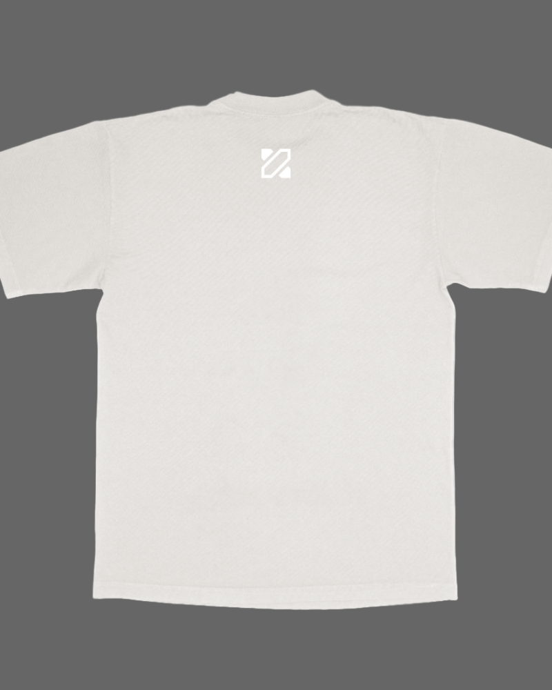 White t-shirt with a small logo on the chest against a white background