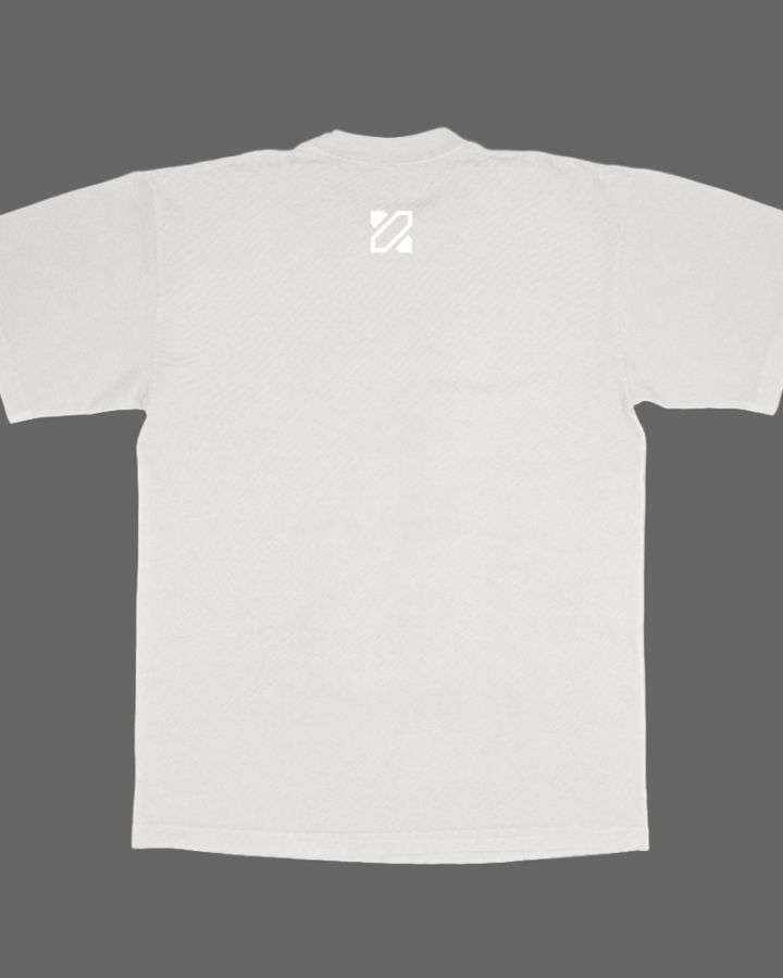 White t-shirt with a small logo on the chest against a white background