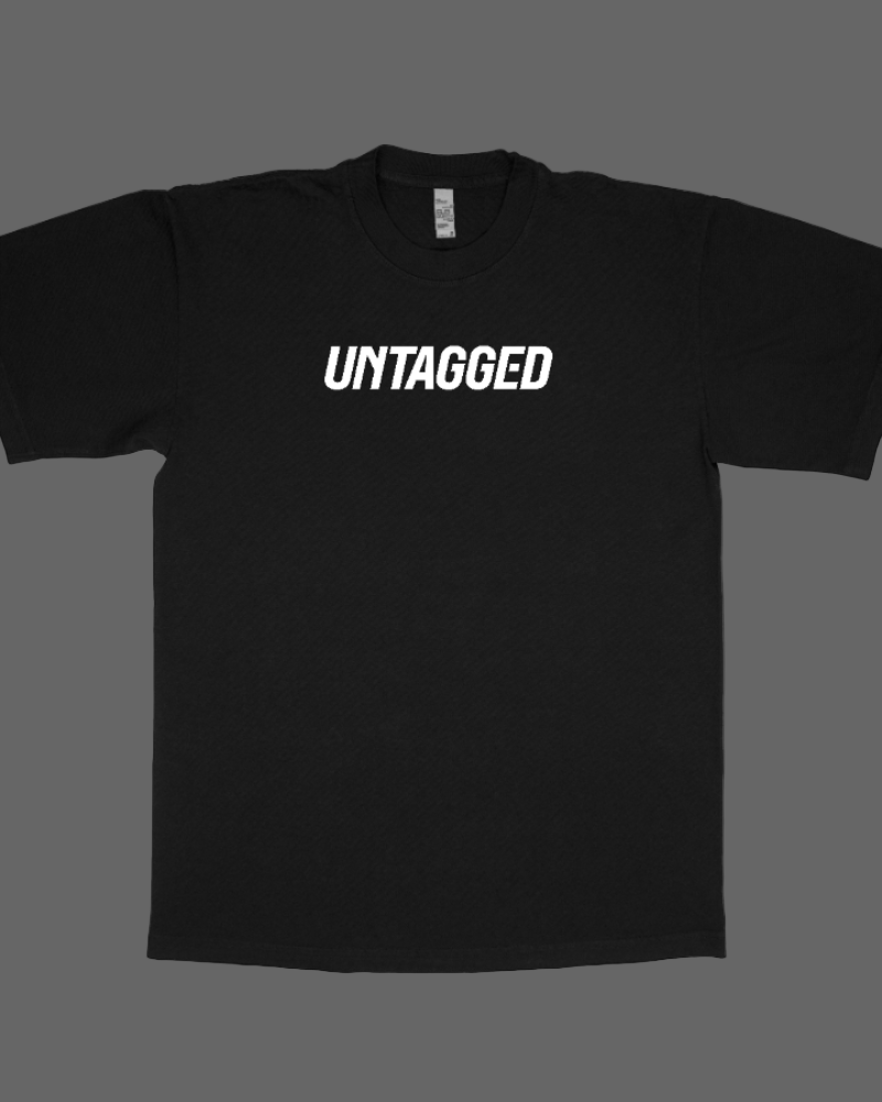 Black t-shirt with 'UNTAGGED' text on a white background