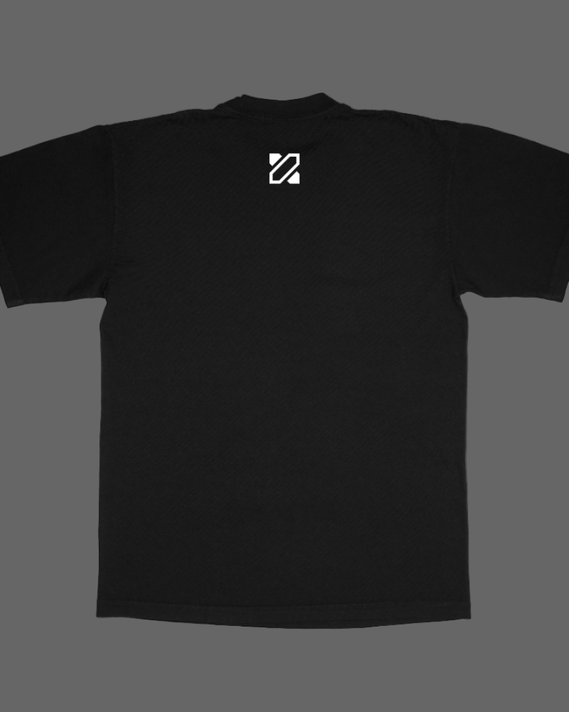 Black t-shirt with a white logo on the chest against a white background