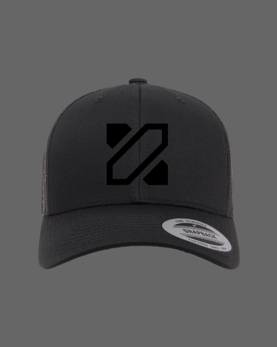 Black cap with a logo on a white background