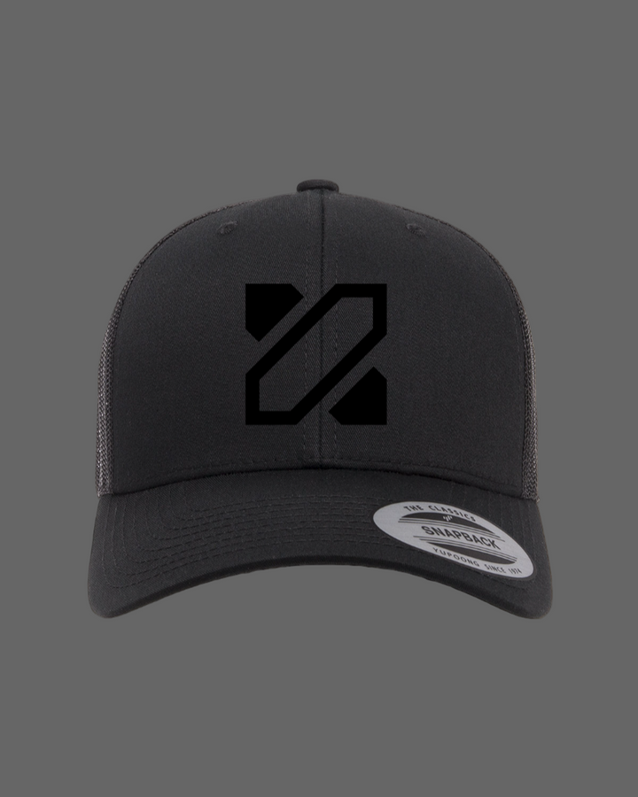 Black cap with a logo on a white background