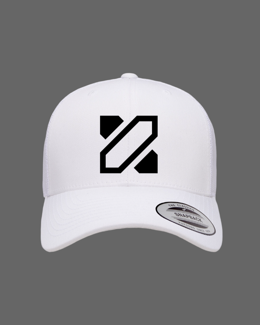 White cap with a black logo on a gray background