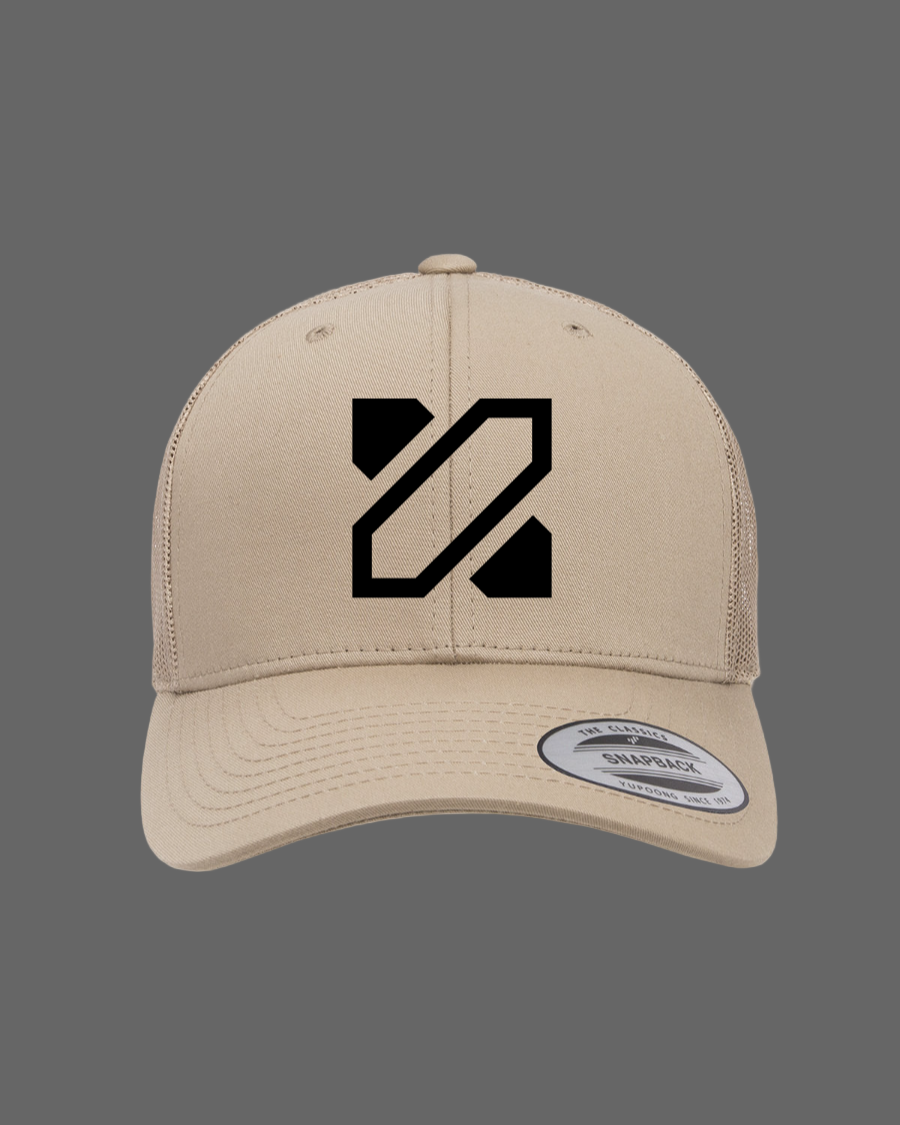 Beige cap with a black logo on a white background