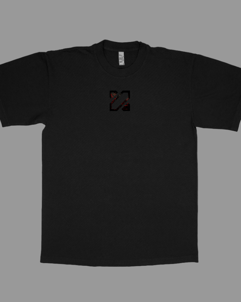 Black t-shirt with a small logo on the chest against a white background