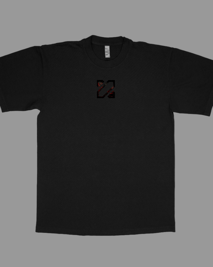 Black t-shirt with a small logo on the chest against a white background